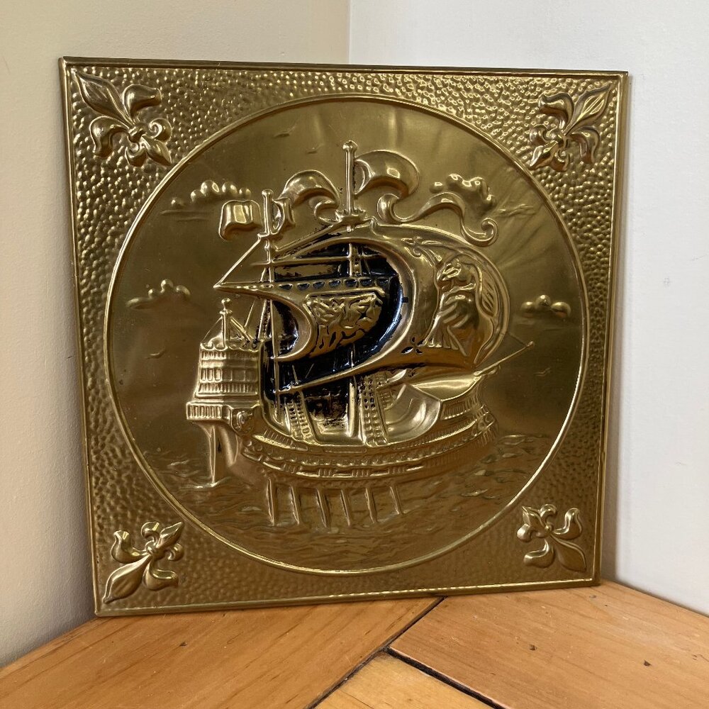 Nautical Galleon Frigate Ship Brass Embossed Wall Hanging Vintage Made in UK